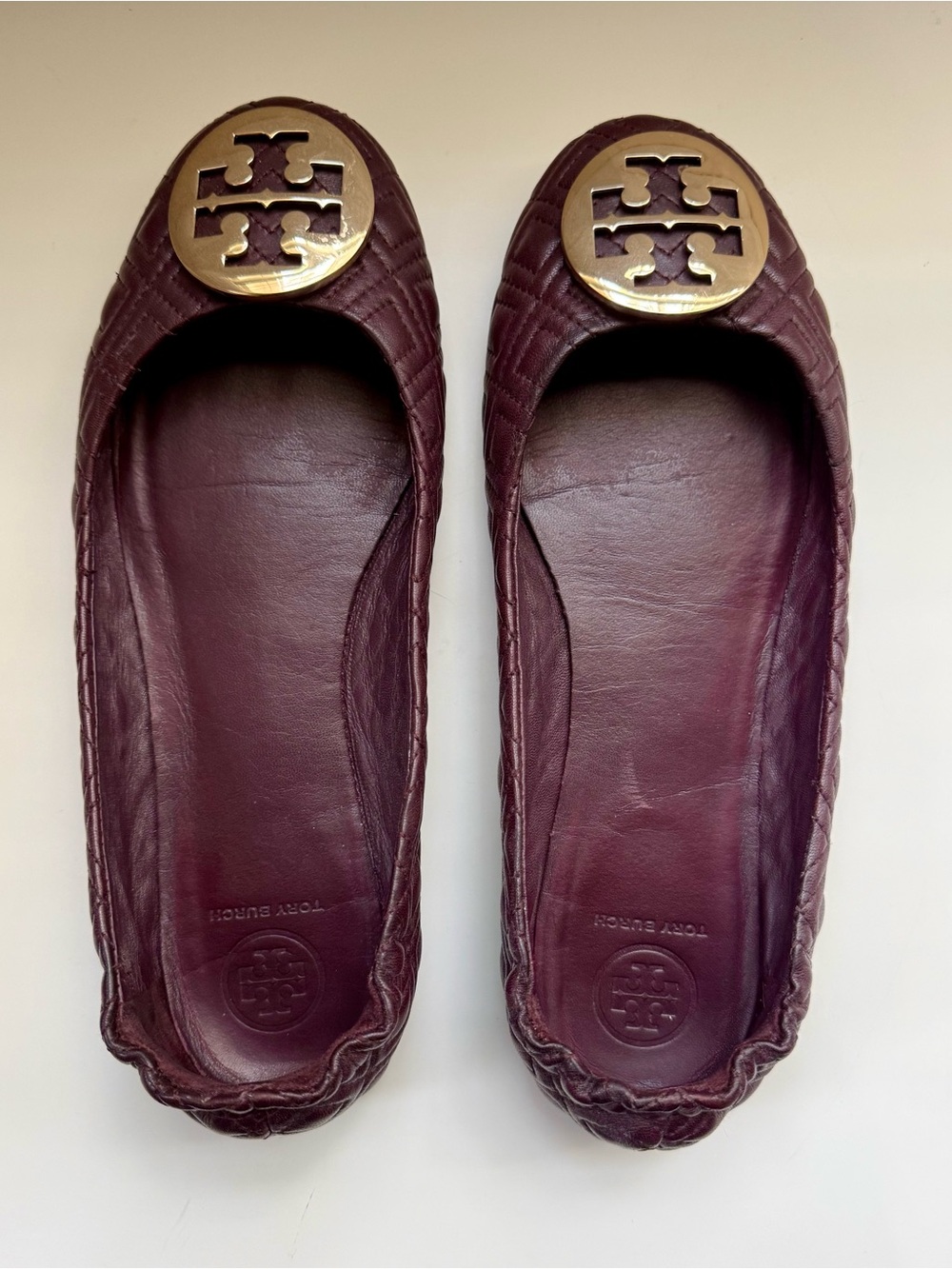 Tory Burch Burgundy Quilted Leather Flats